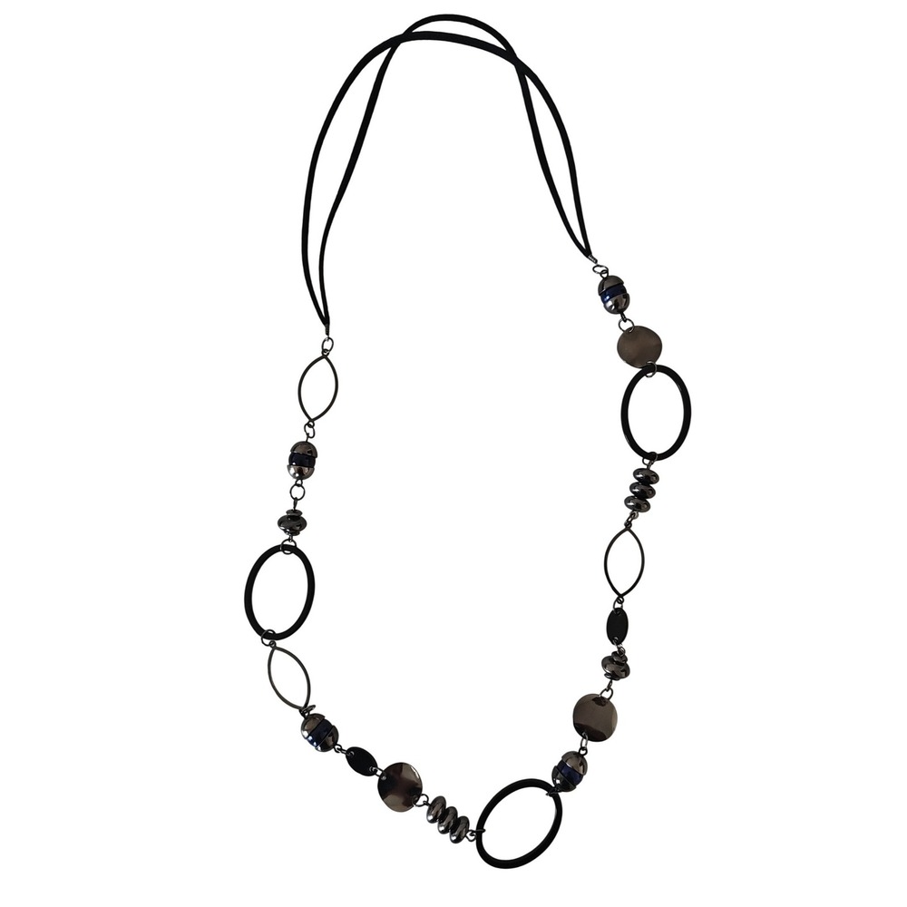 Long Black Cord Geometric Statement Necklace Gunmetal Rings Blue Beads 29 Inch